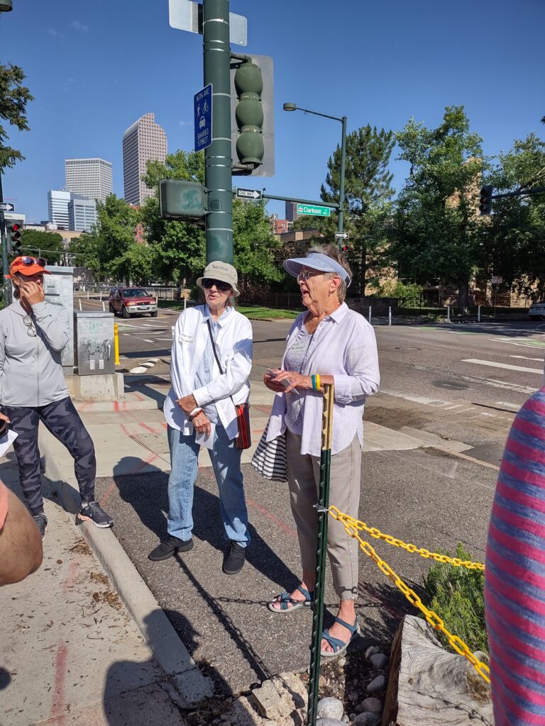 Neighborhood volunteers Marilyn Bernier and Judy Trompeter discuss the Greenverein low water hellstrip garden at Denver's Turnverein