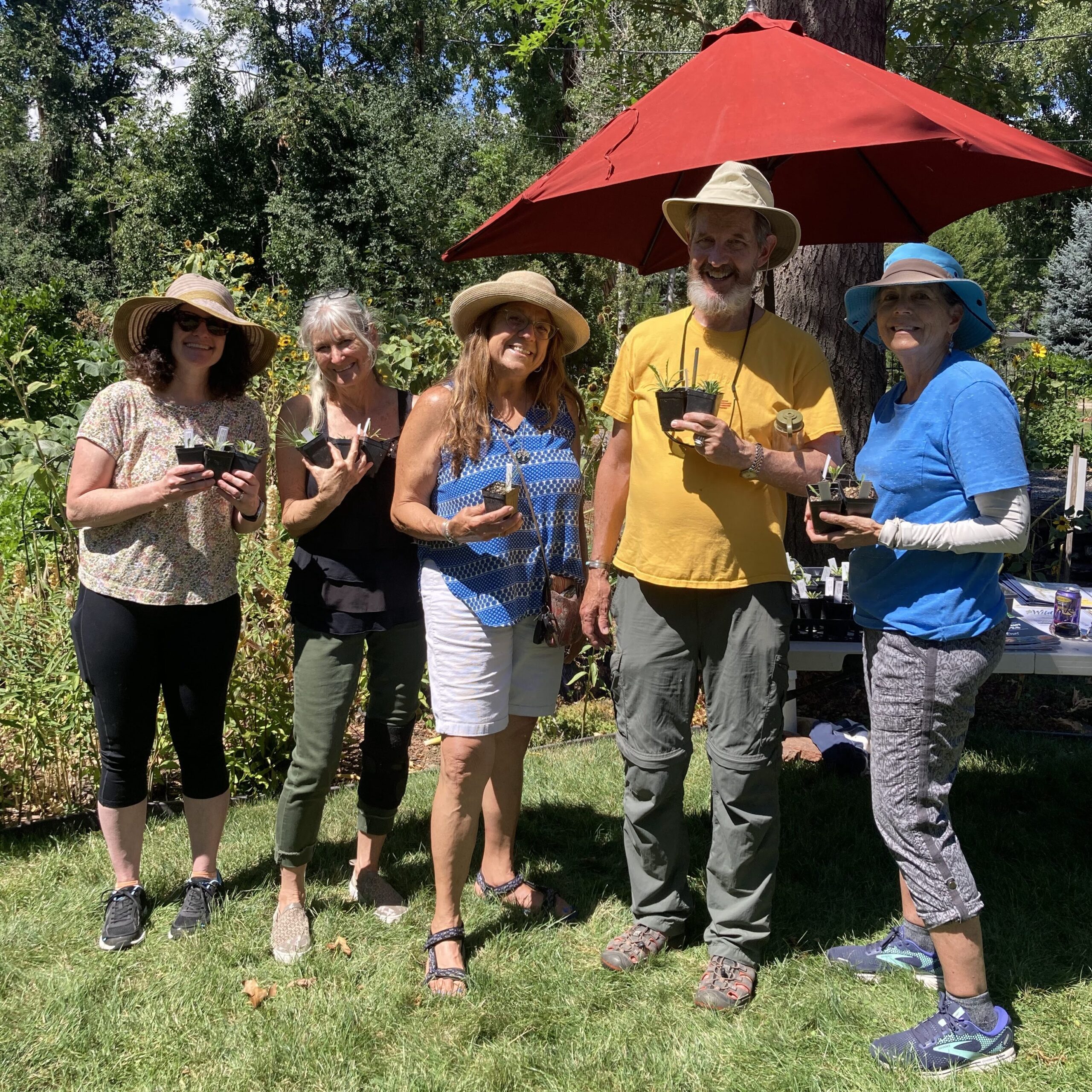 Our Denver garden tour hosts from L to R: Kristin Laux (WOFR Board Secretary), Deb Lebow Aal, (WOFR Vice President & Denver Regional Co-Coordinator), Vicki Saragoussi Phillips (WOFR Programming Chair & Zoom Co-Host), Rick Phillips (WOFR Webmaster & Zoom Co-Host), and Donna Baker Brenningstall (WOFR Denver Regional Co-Coordinator).